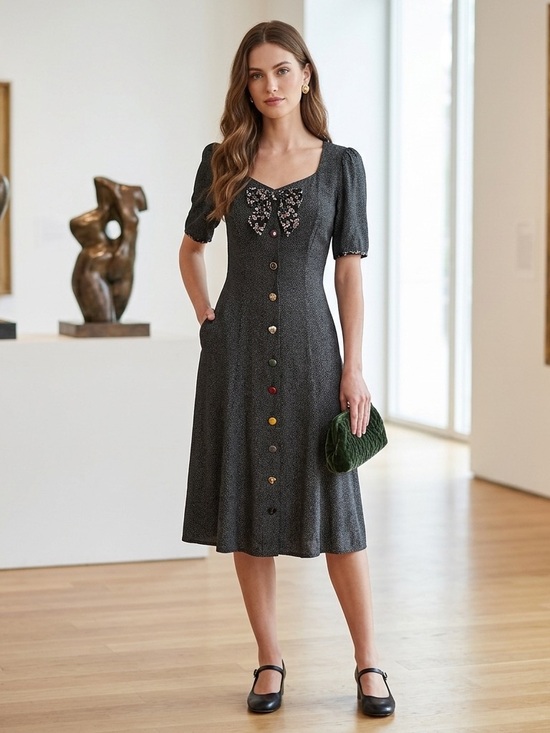 Sostanza Dresses & Skirts - Sostanza Black Midi Dress Floral Bow Puff Sleeve Tailored Rayon Vintage Size 5/6